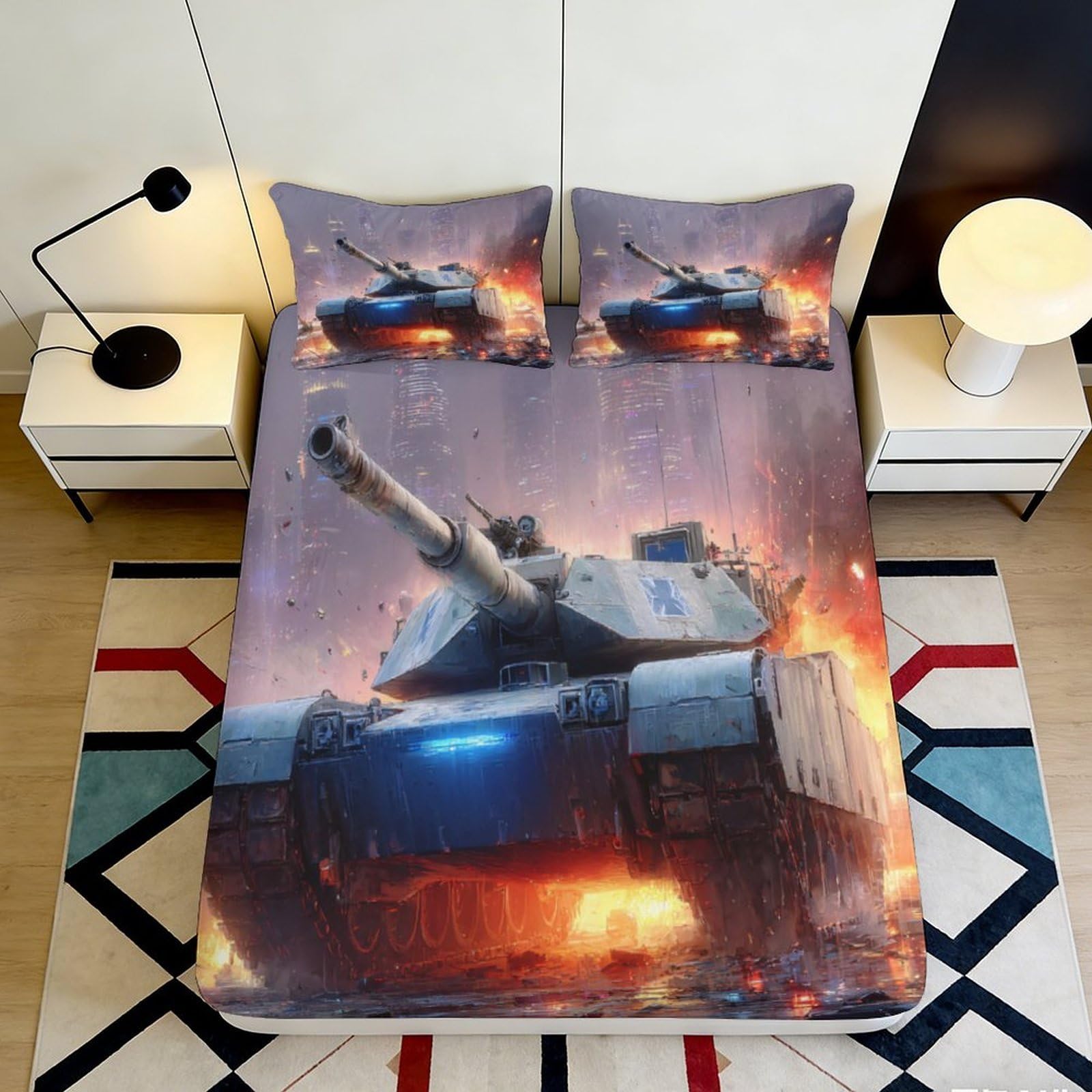 3D Printed Tank Battle Fitted Sheet Microfiber Soft Bedroom Decor Fire Explosion Mattress Cover for Home Dorm 90x200x25cm