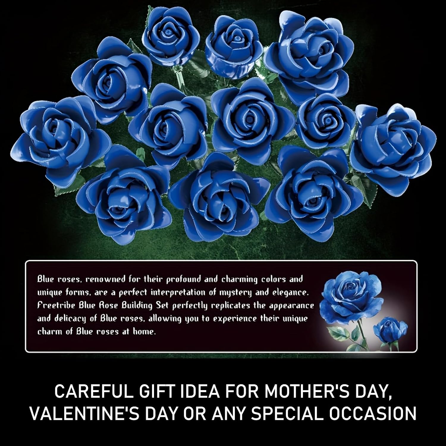 Blue Roses Bouquet Building Set for Adults, Artificial Flower Indoor Plant for Table Display - Gift for Mother's Day & Valentines - Gothic Botanical Collection - Office or Home Decor - A11018