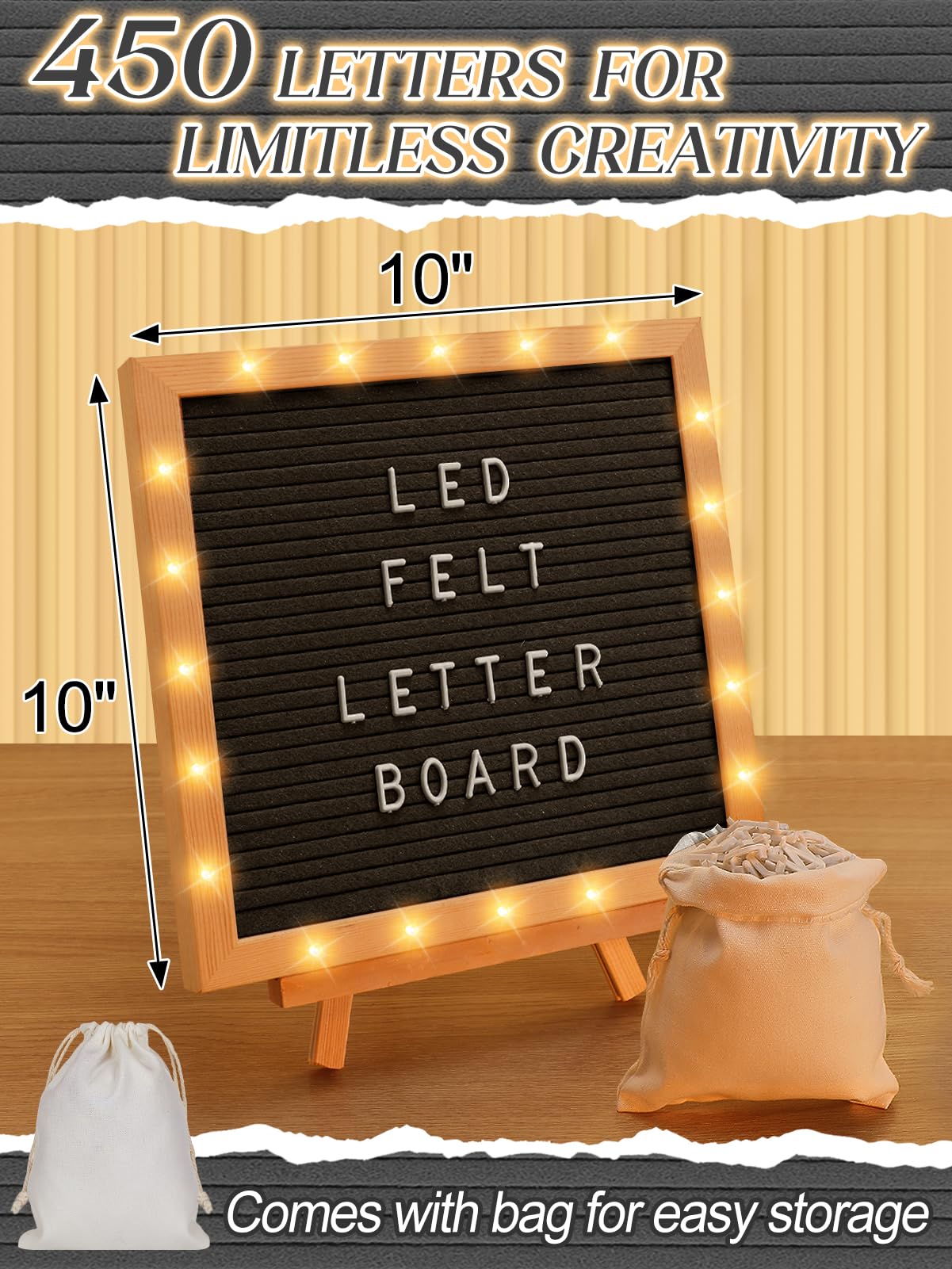 Tableau à lettres lumineux avec lumières DEL – 25,4 x 25,4 cm – Tableau à message modifiable en feutre avec cadre romantique – Lettres prédécoupées pour fête de mariage, décoration d'intérieur