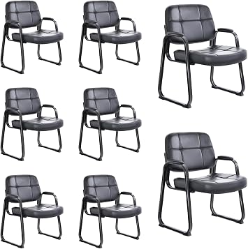 CLATINA Big and Tall 500 lbs Office Guest Chair with Sled Base, Leather Waiting Room Reception Chair No Wheels with Padded Arms for Elderly Home Meeting Conference Room Lobby Side Salon, Black 8 PK
