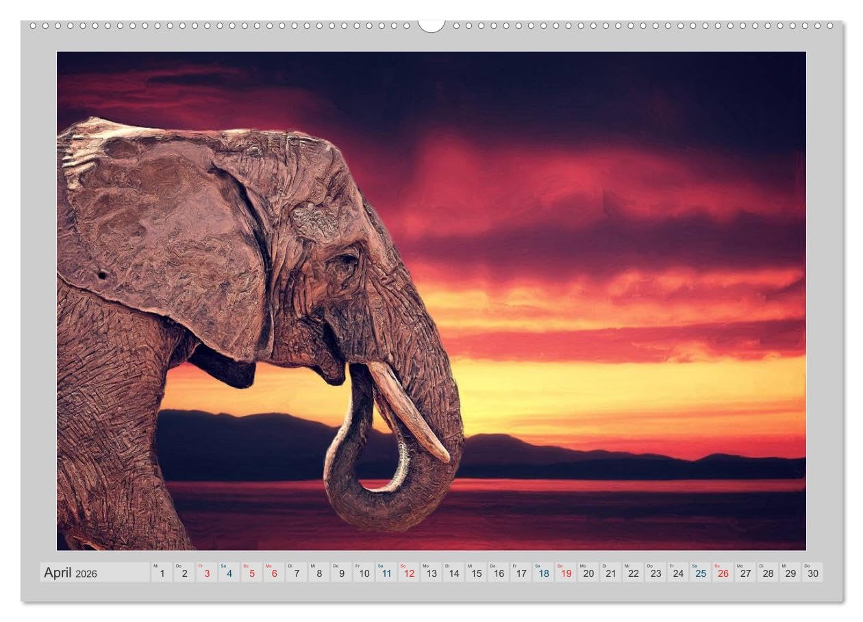 Elefanten - Portraits der besonderen Art (Wandkalender 2026 DIN A2 quer), CALVENDO Monatskalender: Wunderbare Portraits der grauen Riesen - digital gemalt. (CALVENDO Tiere)