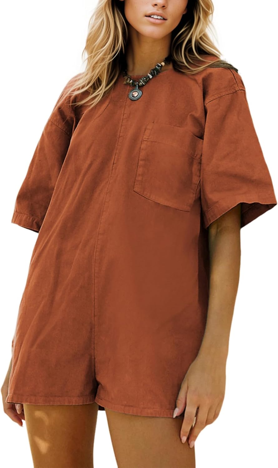 Athlisan Rompers for Women Casual Oversized Athletic Tee Romper Jumpsuits Overalls with Pockets(Rust-S)