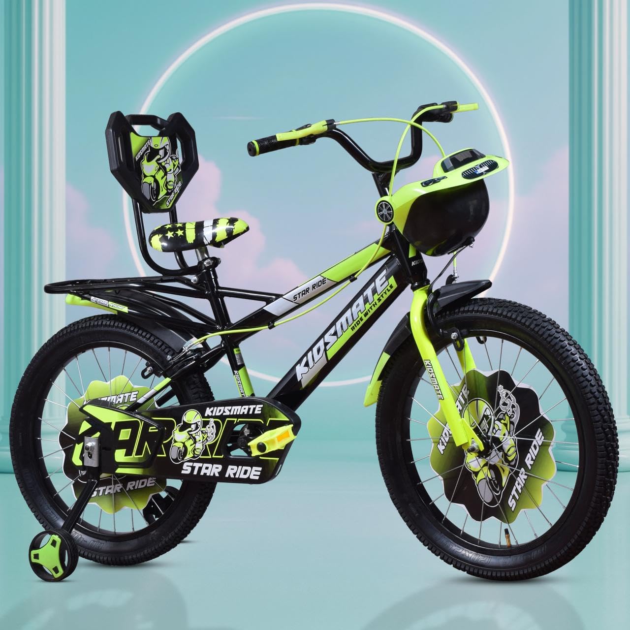 Kidsmate Star Ride 20T Kids Bicycle with Training Wheels | Cycle for Kids Featuring Front Basket, Adjustable Seat & Strong Steel Frame | Perfect First Ride Kids Cycle for 7-10 Years - Neon Green-image-32