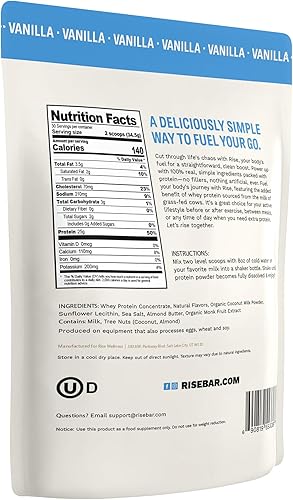 Miniatura 9 de Rise Proteína de suero de vacas alimentadas a pasto en polvo - Vainilla  25g de proteína sin sabores artificiales, colores ni conservantes - Sin