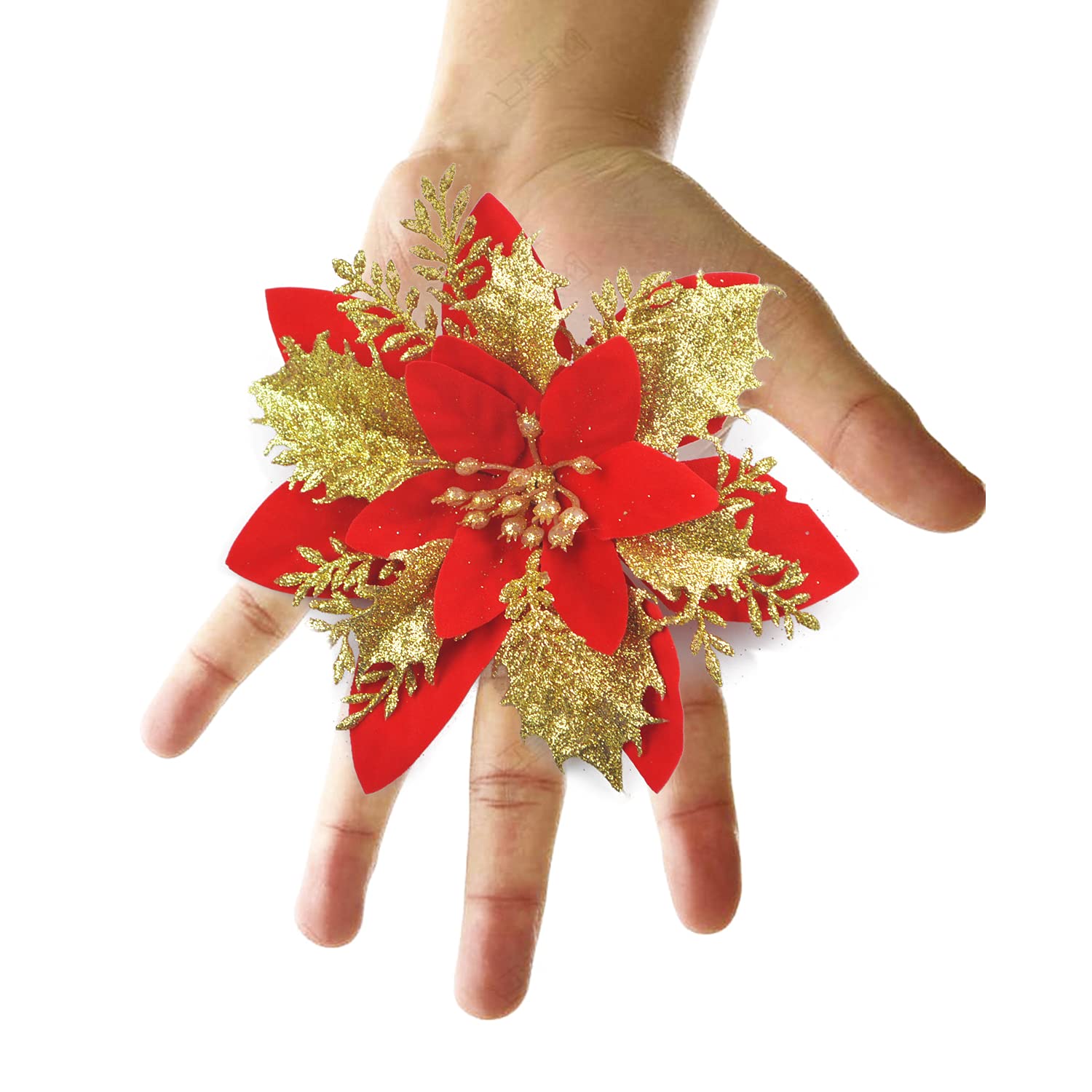 GL-Turelfies 12 stuks glitter kerstbloemen (15 cm/5,9 inch) met 12 stuks clips kunstmatige kerststerren bloemen kerstboomversieringen kerstboom ornamenten (zilver