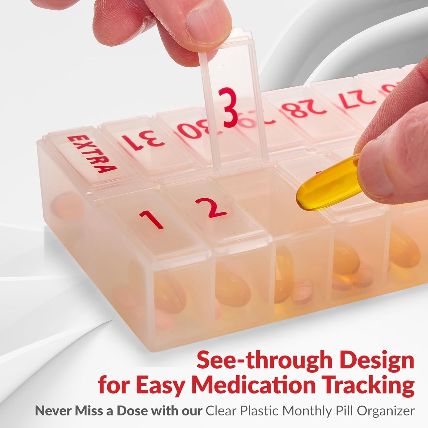 Large Pill Organizer Monthly 32 Compartments - 30 Day Pill Organizer 1 Time A Day, Large Compartment Box for Medications, BPA-Free Plastic, Removable Lid for Easy Loading Medicine, Vitamins, Clear