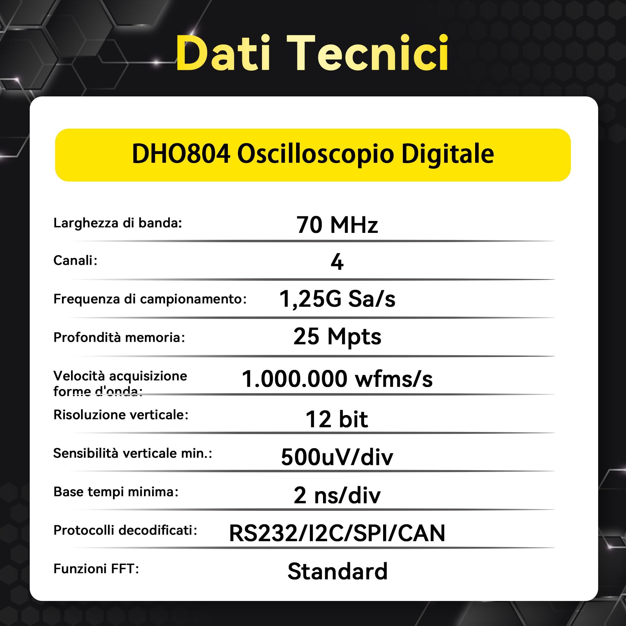 RIGOL Oscilloscopio digitale DHO804 70 MHz, 4 canali analogici, 1 canale EXT, fino a 25 Mpts profondità di memoria, fino a 1,25 GSa/s frequenza di campionamento in tempo reale, 3 anni di garanzia.
