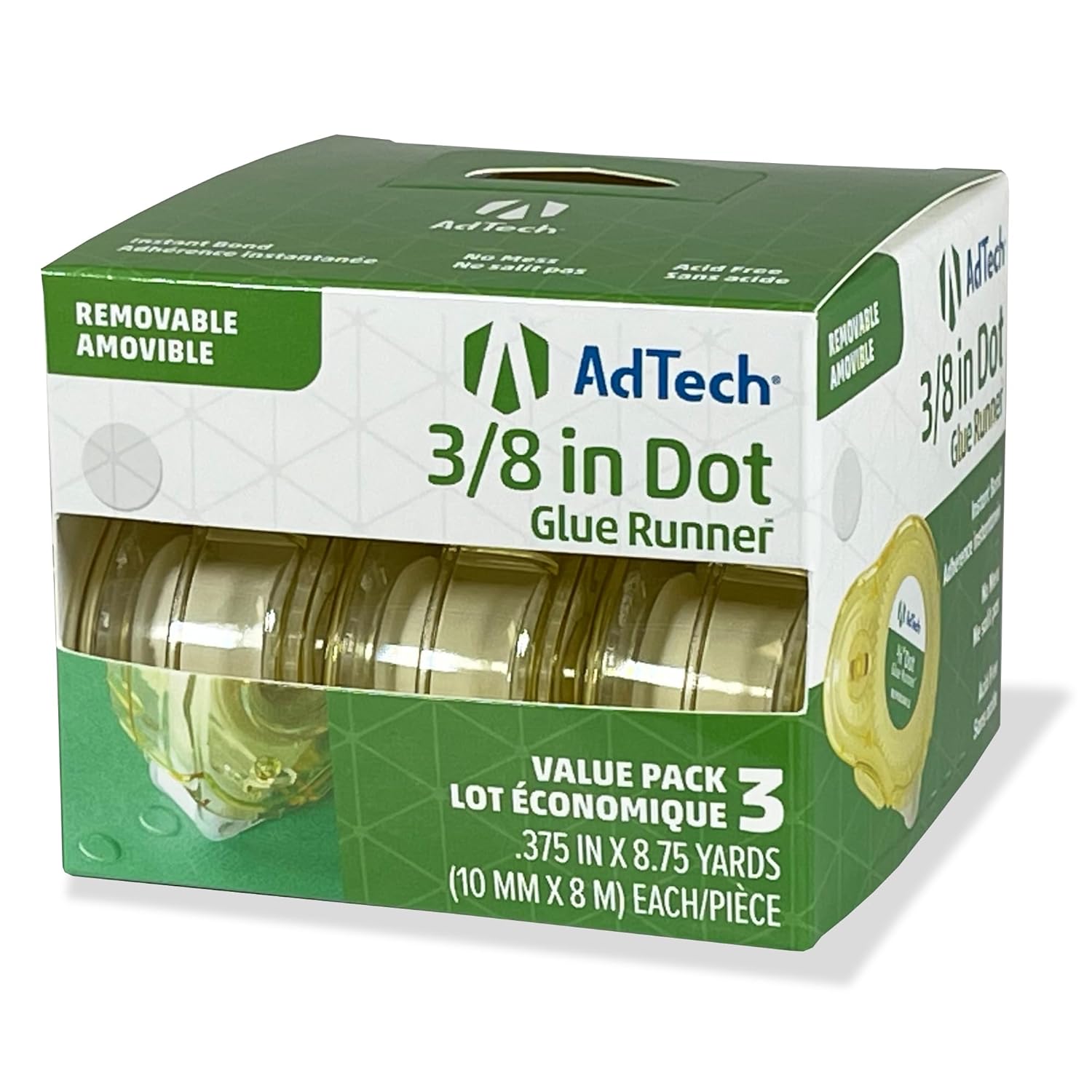 AdTech Removable Adhesive Dots Glue Runner, Clear .375" - 3 Pack