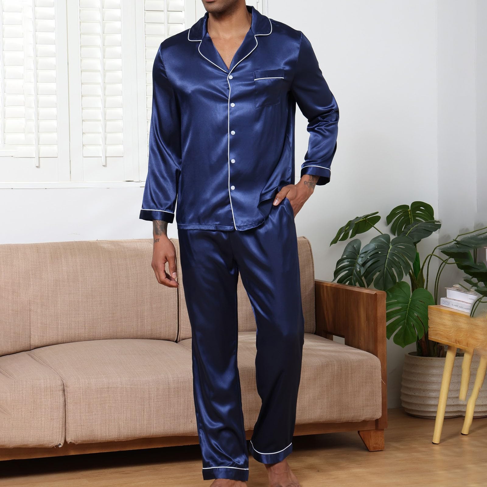 Conjunto de pijama liso para hombre, conjunto de pijama con botones para hombre, ropa de dormir texturizada para novio, ajuste clásico, con botones, ropa de dormir básica con solapas, camisa ligera