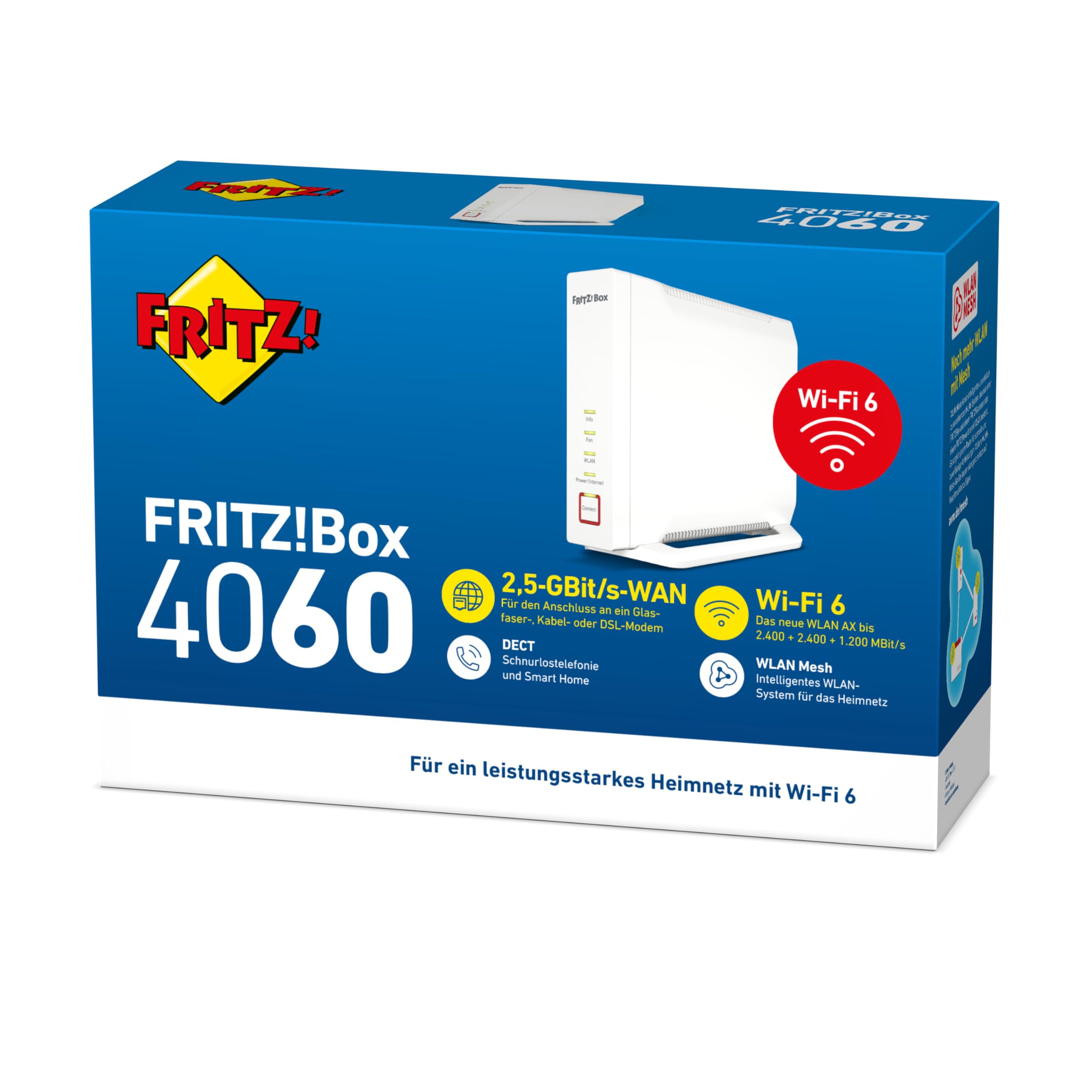 FRITZ!Box 4060 | WLAN-Mesh-Router | Wi-Fi 6 bis zu 5,4 GBit/s | Triband WLAN (2,4/5/5 GHz), für den Anschluss am Glasfaser-, Kabel- & DSL-Modem, 2,5-Gigabit-WAN, WLAN Mesh, Made in Europe