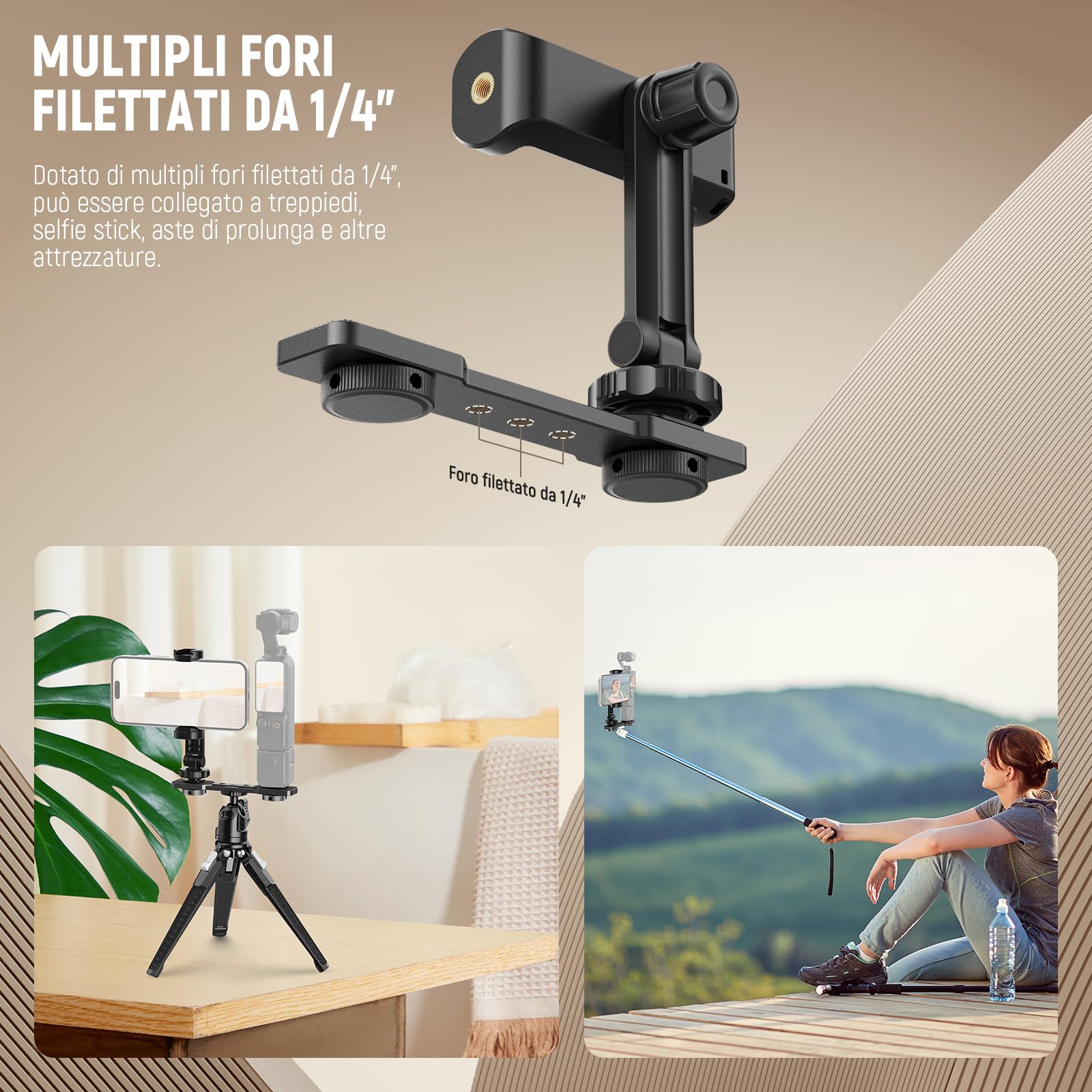 NEEWER Supporto Telefono Compatibile con DJI Osmo Pocket 4 & Pocket 3, Accessori Espansione Portatelefono con Filetto 1/4" per Treppiede e Asta di Prolunga, Cold Shoe per Mini Luce Video Mic, AC021