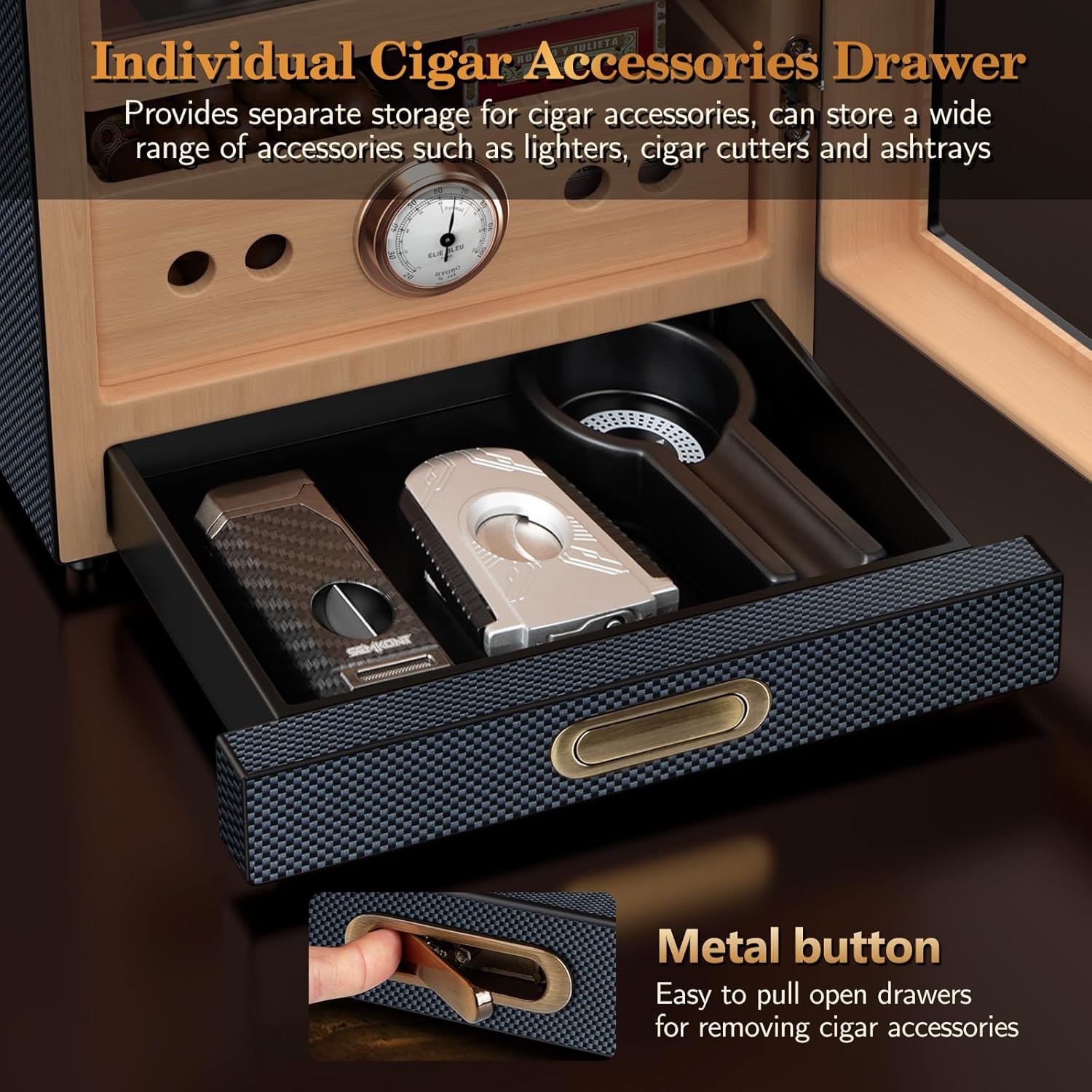 Cigar Humidor, Lighted Control Magnetic Door Desktop Cigar Humidor Cabinet,with Cigar Accessory Drawer and 2 humidifiers 3 Layer Large Capacity Humidor,Hold 100-150 Cigars (Carbon Fiber)