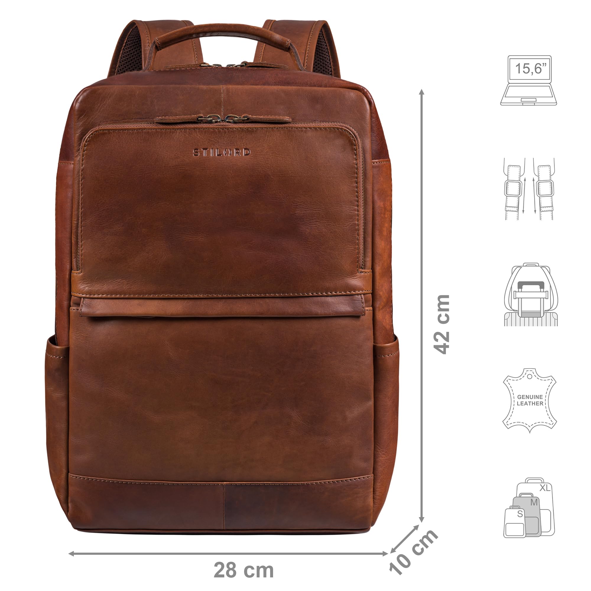 STILORD "Barney" Slim plecak na laptopa 15,6 cala skórzany plecak o sportowym designie z wieloma przegrodami plecak studencki uni daypack Kolor:koniakowy brąz