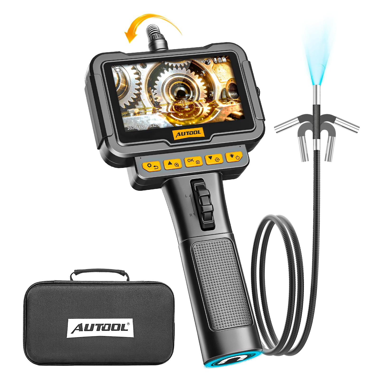 AUTOOL SVB208 Articulating Borescope, 2-Way 210° 0.24in Ultra-Slim Endoscope with Light, 4.3" IPS HD Screen 8X Zoom, IP67 3.3FT Flexible Video Scope Camera for Automotive Engine Inspection
