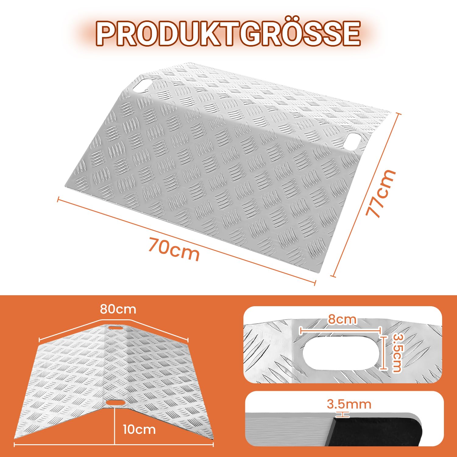 Rampa per soglia per sedia a rotelle, in alluminio, capacità di carico 270 kg, rampa per soglia, ponte, antiscivolo, portatile, con manici (80 x 70 x 10 cm)