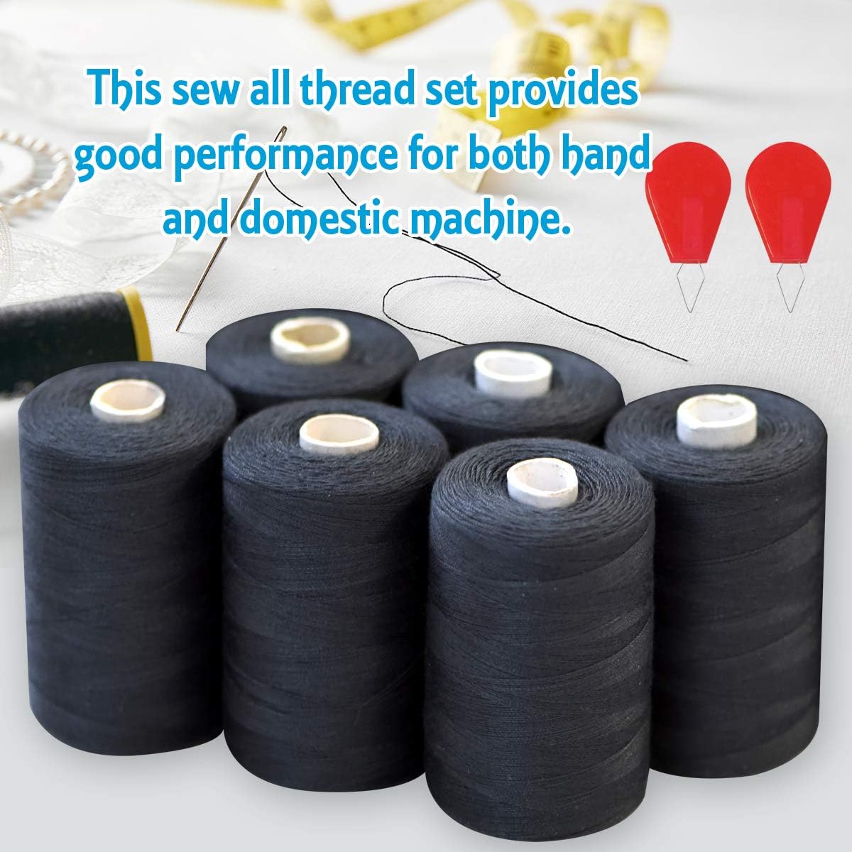 Black Sewing Thread 100% Spun Polyester Spool Thread,All-Purpose Thread 6000 Yards for Manual and Machine Sewing