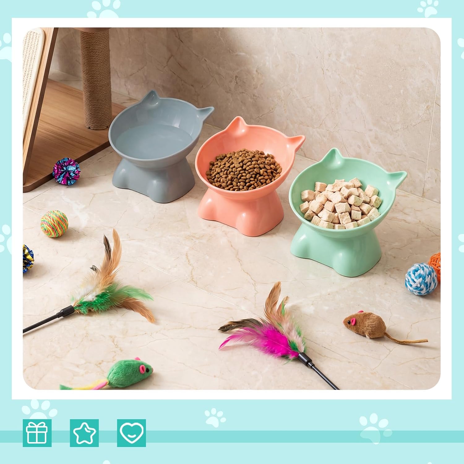 9 Pcs Plastic Raised Cat Bowls Bulk Elevated Tilted Dishes 15 Degrees Tilted Anti Vomiting Friendly Food Water Feeder Pet Slanted Stand Bowl for Indoor Cats Shelter (Cute,Vivid Color)