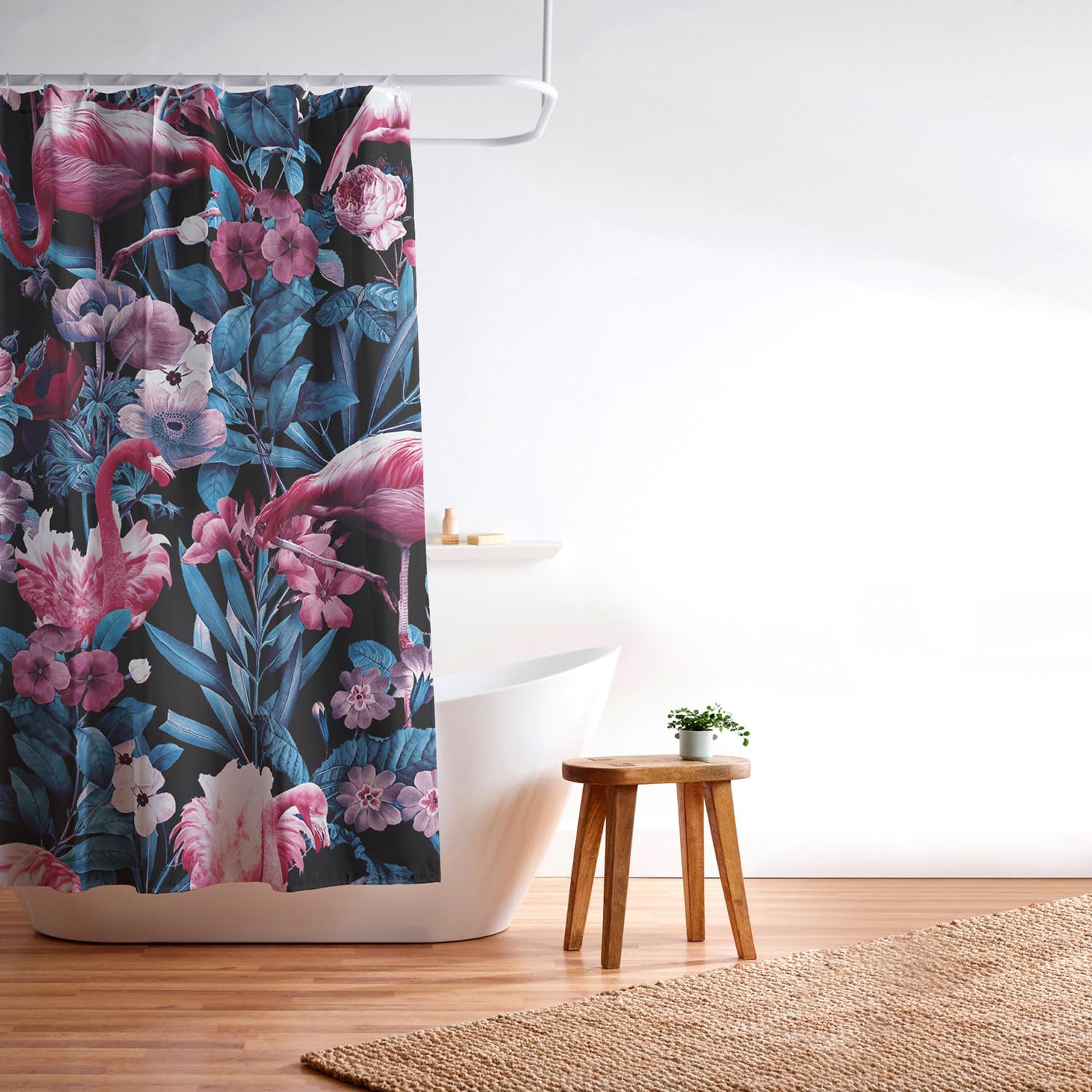 Society6 Shower Curtain - Bathroom Decor by Burcu Korkmazyurek - Extra Long Fabric Shower Curtains for Bathroom, 71" x 74", Floral and Flamingo VIII