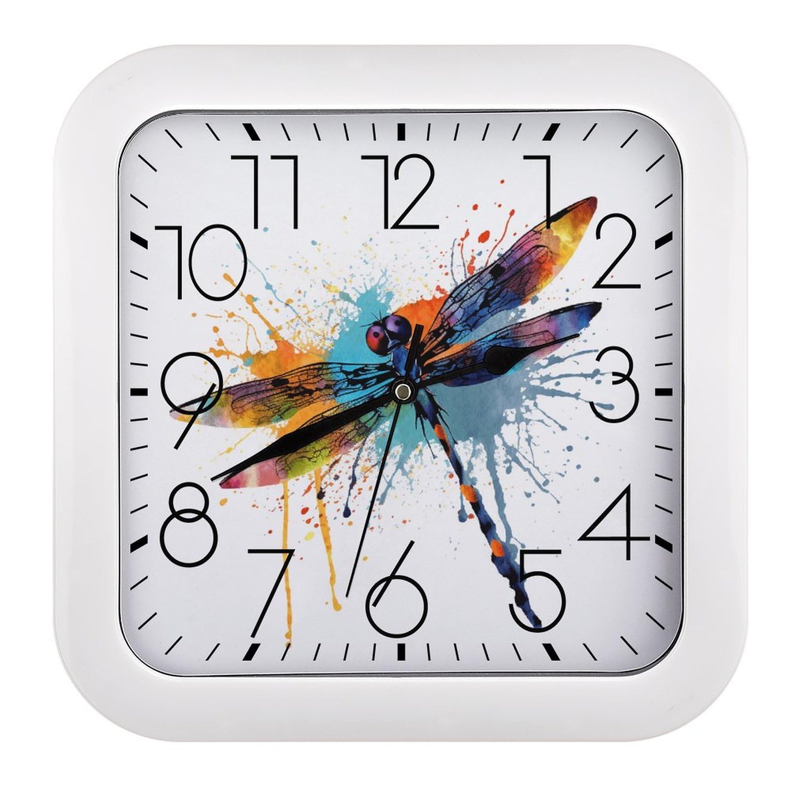 FekiLoot Paint Splash Dragonfly Wall Clock 10.2" Modern Farmhouse Square Clocks Silent No Ticking, Wall Art and Timepiece Clock for Shelf Table Mantel Or Bedside Clocks