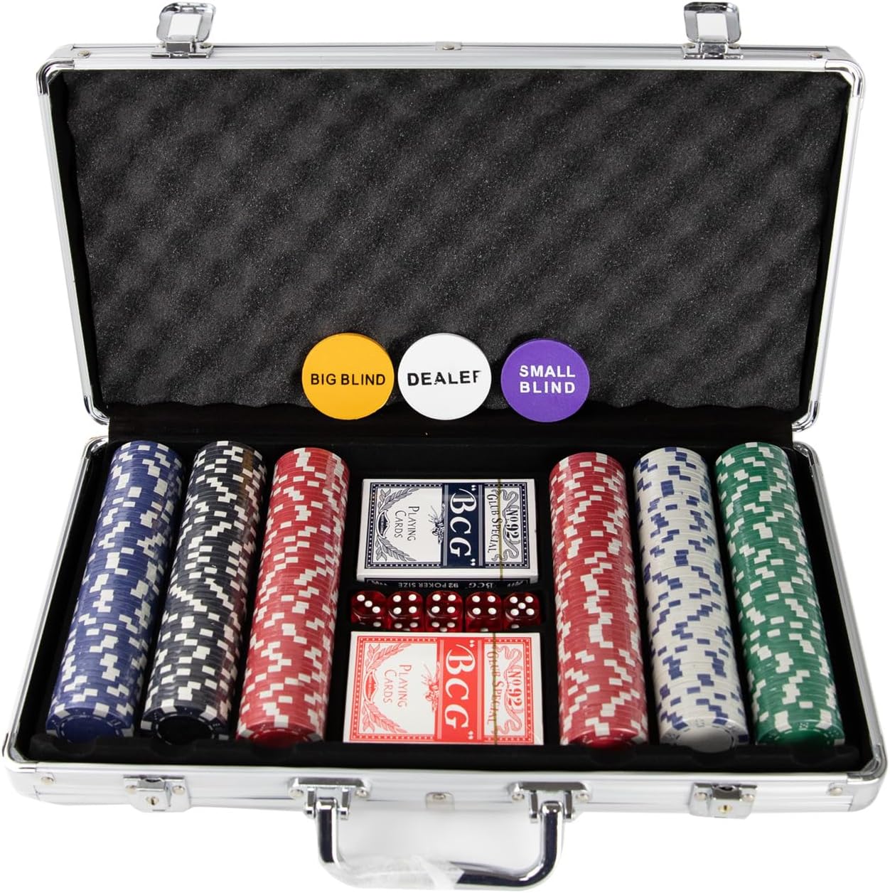 various-Juego de 300 Piezas en Caja de Aluminio con fichas de póquer de 11,5 g, 2 Barajas de Cartas de Juego de Distribuidor de Botones Ciegos Grandes y pequeños y 5 Dados