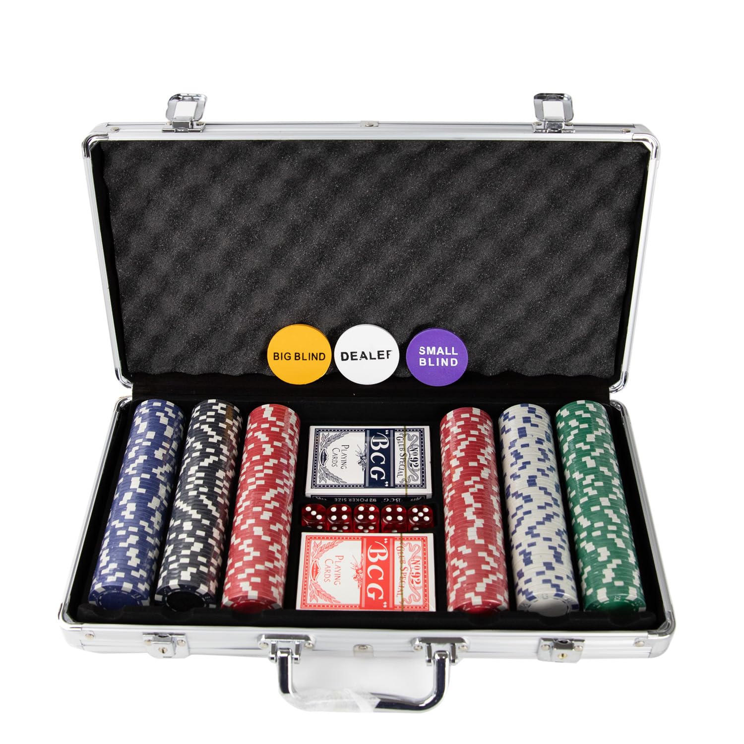 various-Juego de 300 Piezas en Caja de Aluminio con fichas de póquer de 11,5 g, 2 Barajas de Cartas de Juego de Distribuidor de Botones Ciegos Grandes y pequeños y 5 Dados