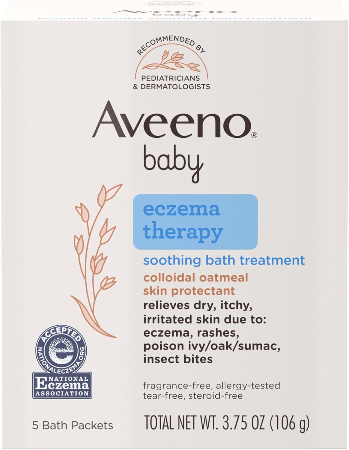 Aveeno Baby Eczema Therapy Soothing Bath Treatment for Relief of Dry, Itchy & Irritated Skin, Made with Natural Colloidal Oatmeal, Fragrance-, Paraben-, Steroid- & Tear-Free, 5 ct Aveeno Baby Eczema Therapy Soothing Bath Treatment for Relief of Dry, Itchy & Irritated Skin, Made with Natural Colloidal Oatmeal, Fragrance-, Paraben-, Steroid- & Tear-Free, 5 ct
