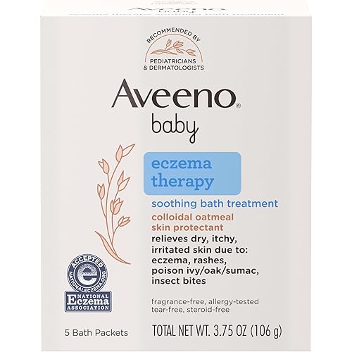 Aveeno Baby Eczema Therapy Soothing Bath Treatment for Relief of Dry, Itchy & Irritated Skin, Made with Natural Colloidal Oatmeal, Fragrance-, Paraben-, Steroid- & Tear-Free, 5 ct