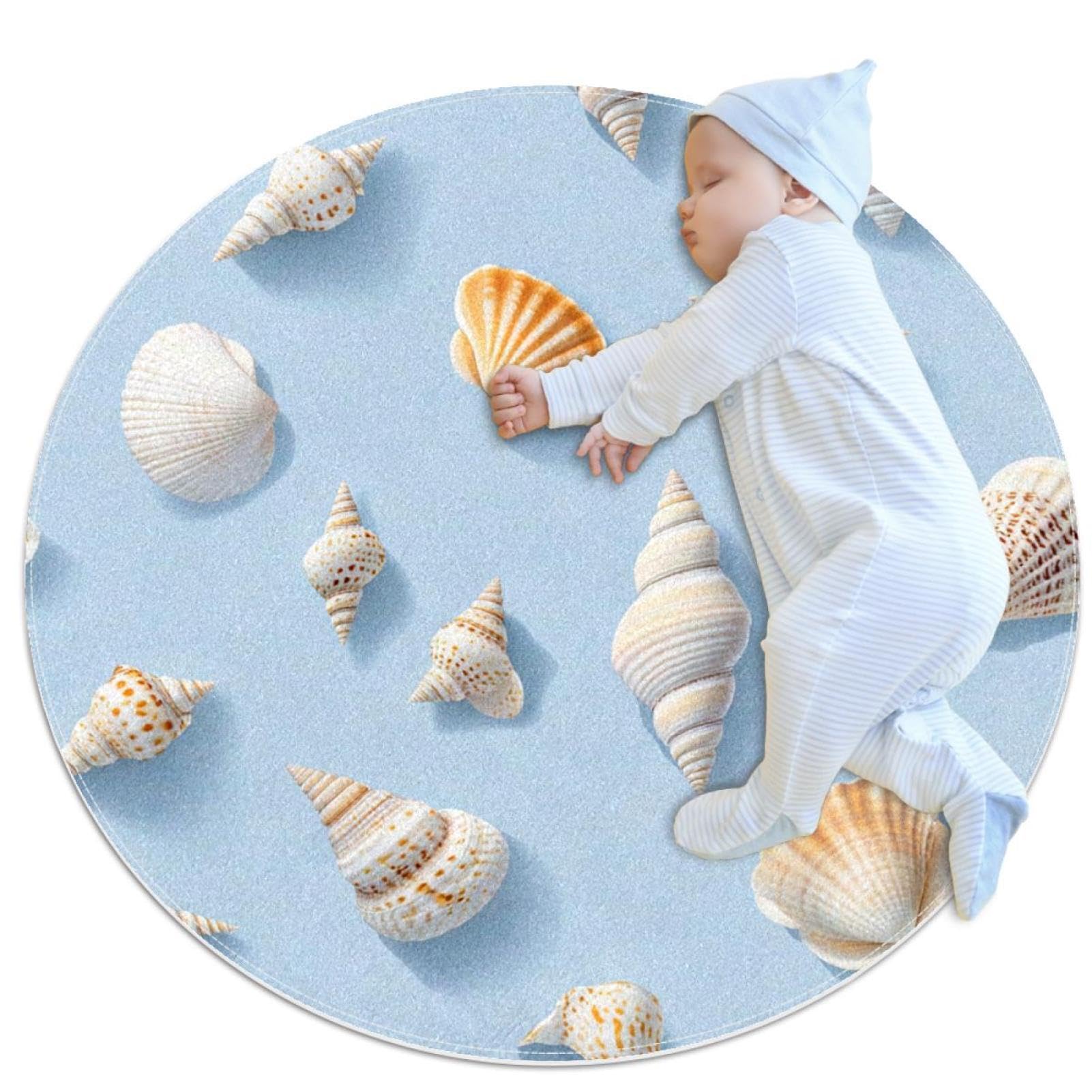 Tapis antidérapant de salle de bain rond 1m avec motif conque de mer sécurisé