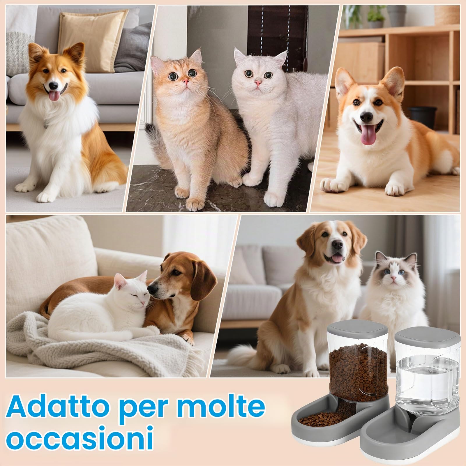 Dispenser Cibo Gatti Cani Automatico 2×3.8L Distributore Automatico e Distributore d'Acqua per Gatti, Dispenser di Crocchette e Acqua per Animali Domestici (Grigio)