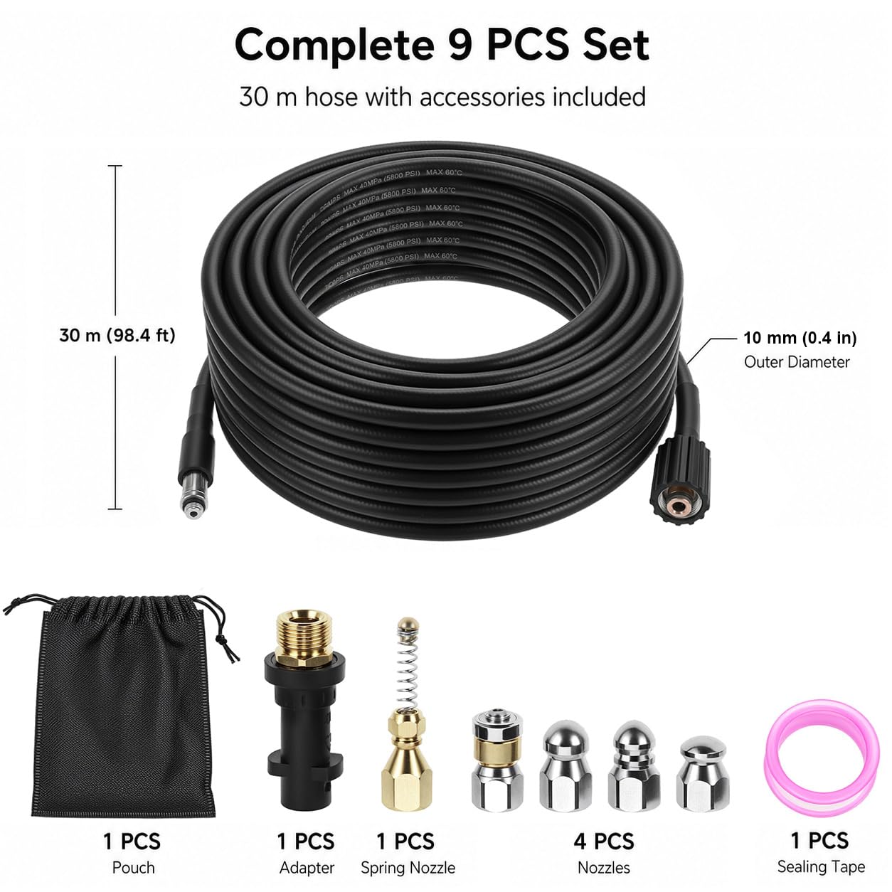 QWORK® Tuyau de Débouchage Canalisation 30m – 5800 PSI / 400 Bar avec 5 Buses et Adaptateur Laiton, compatible avec Karcher K2-K7 – Flexible Haute Pression Heavy Duty pour Égout, Évier et Drain