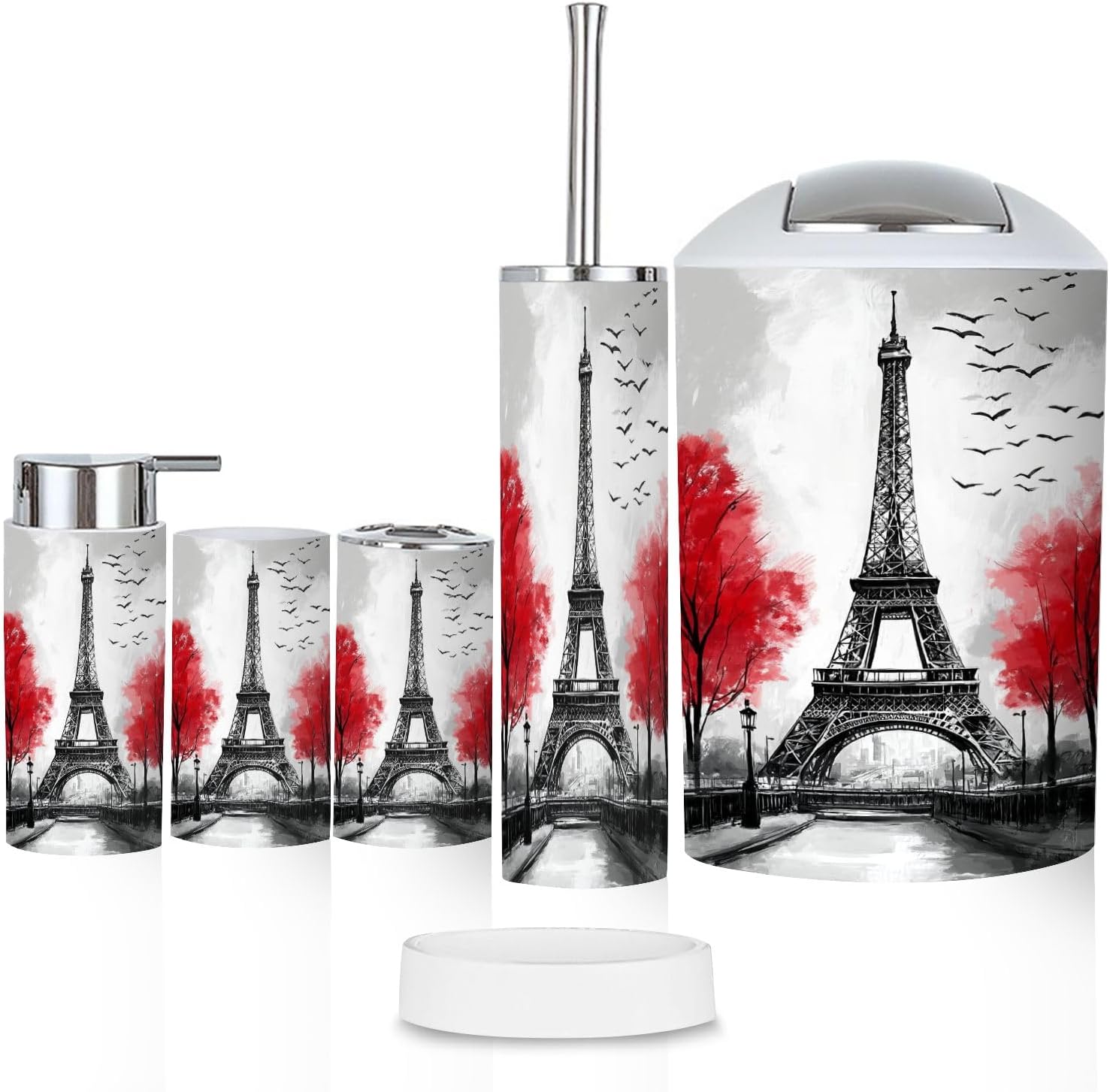 Bathroom Accessory Set 6 Piece Oil Paris European City Landscape France Tower Black Toothbrush Cup Toothbrush Holder Soap Dispenser Soap Dish Trash Can with Lid Toilet Brush Holder Counter Decor