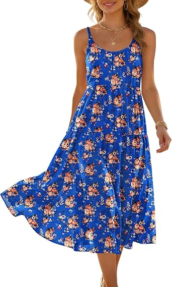 YESNO Women Summer Adjustable Spaghetti Strap Midi Sundress Boho Floral Casual Flowy Beach Dresses with Pockets ESS