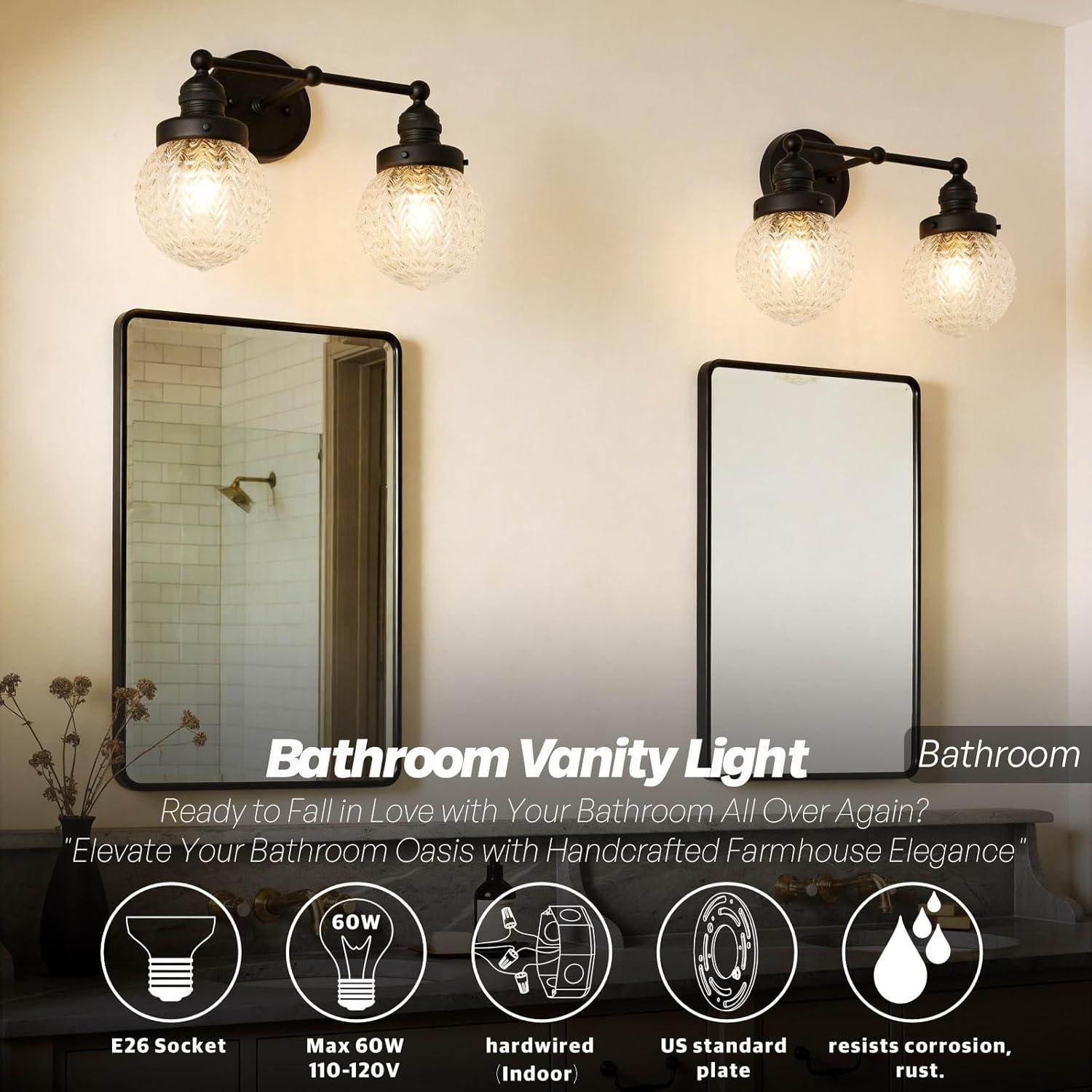 Vintage Farmhouse 2-Light Black Glass Wall Sconce Double Arm Hardwired Bathroom Vanity Light Over Mirror Wall Mount Fixture for Kitchen Sink Bedroom Living Room Décor,E26