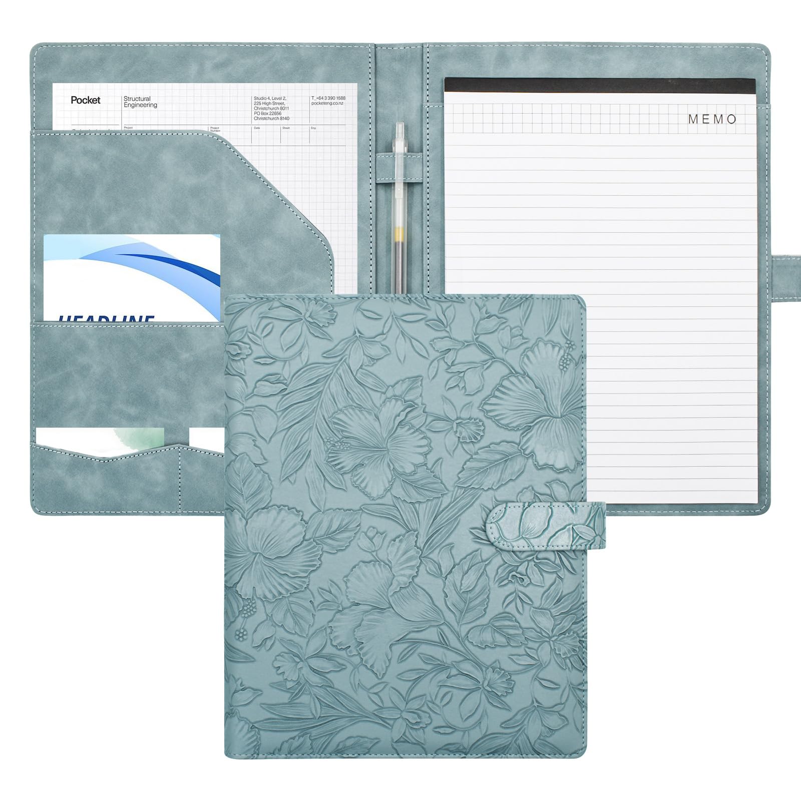VANRA Padfolio Portfolio Binder Faux Leather Interview Resume Folder with Notepad, Document Organizer Card Holder, Letter-Sized Notepad Portfolio Organizer for Business School Office (Blue)