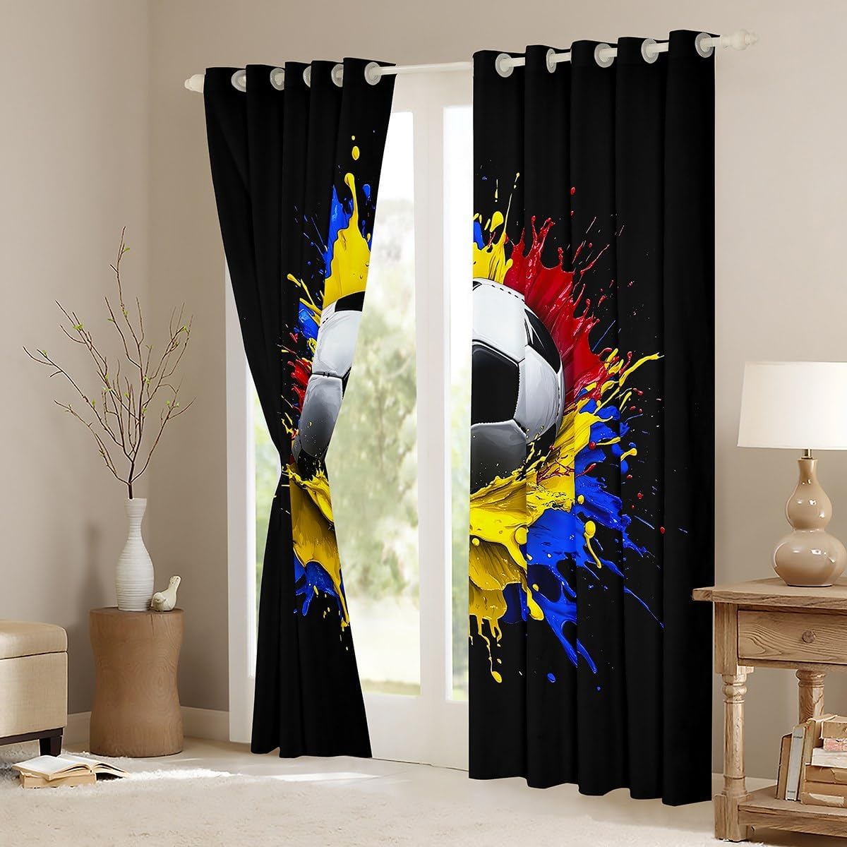 Manfei American Soccer Window Curtains Football Games Window Drapes, Ball Sports Theme Window Treatments, Kids Boys Teens Room Decor, Grommet Top 2 Panel Set Bedroom Curtains, 38Wx45L inch
