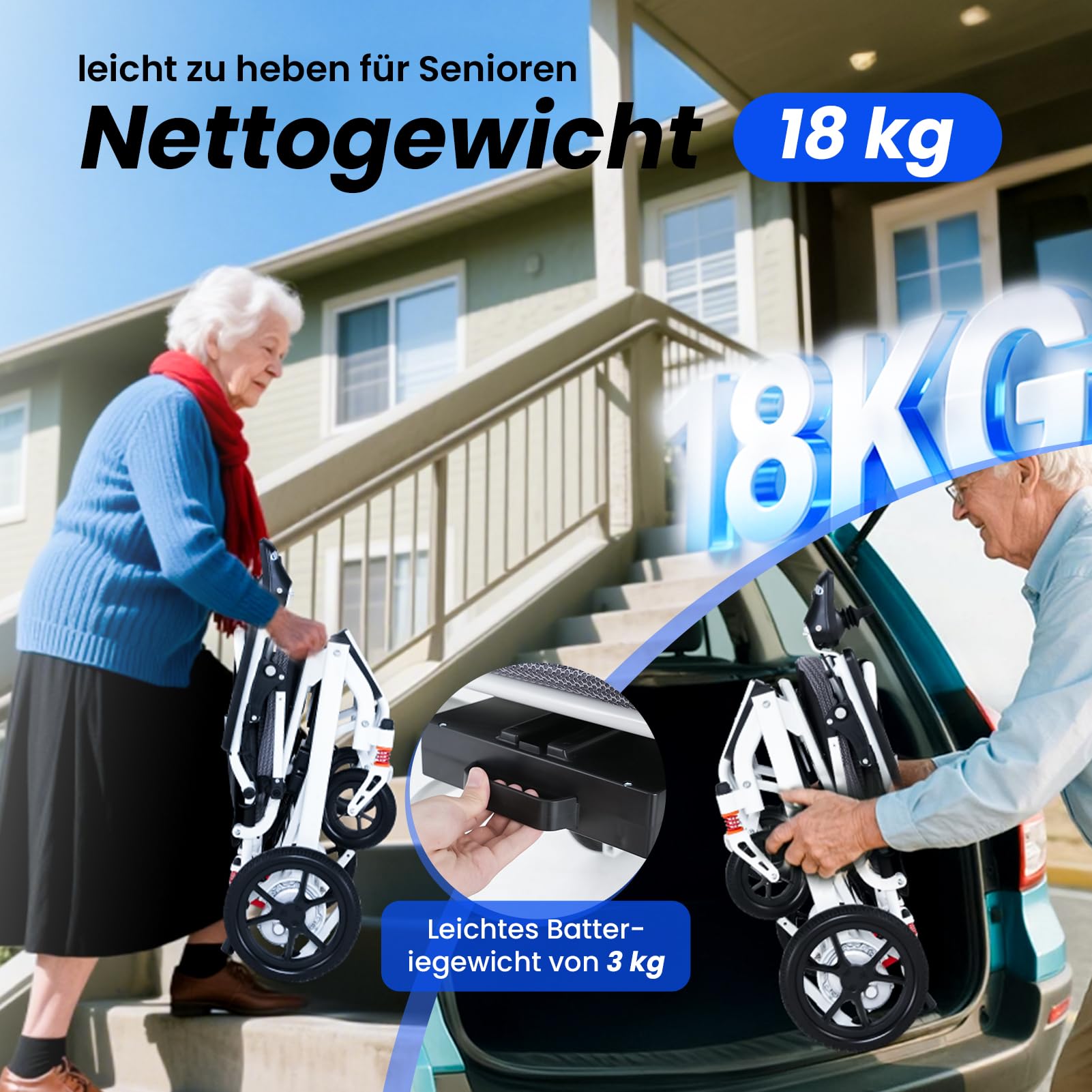 Silla de ruedas eléctrica plegable ligera de 18 kg, 2 baterías de litio de 12 Ah, alcance de 48 km, silla de ruedas eléctrica compacta y plegable, homologada para viajes en avión