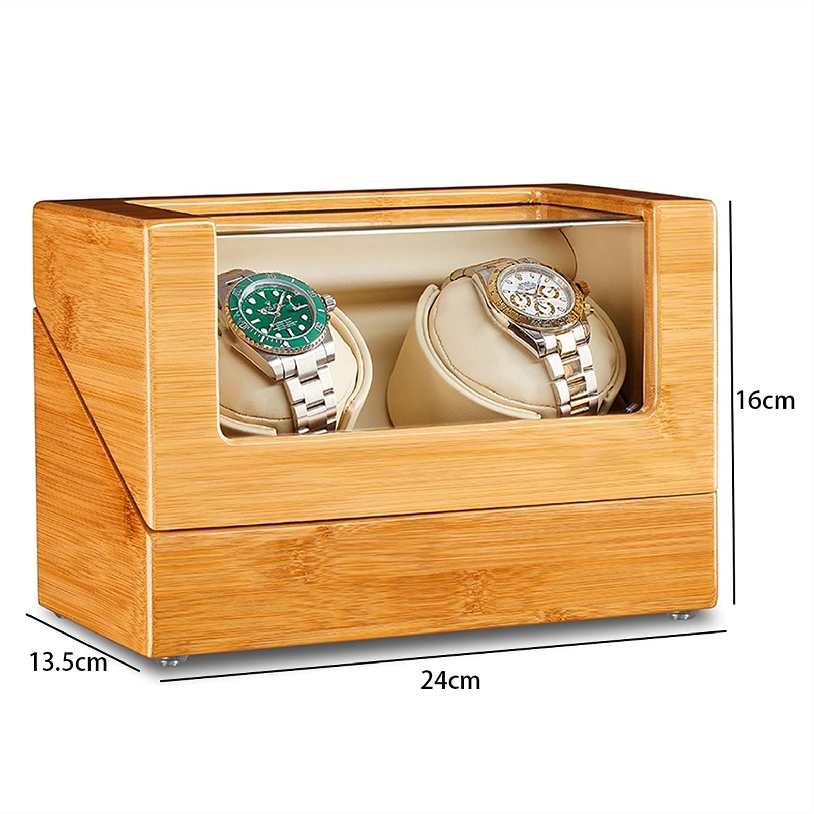 Uhrenaufbewahrungsbox, Doppeluhrenbeweger, Bambus-Holz-Automatikuhren-Aufbewahrungsbox mit leisem Motor, Flexible Uhrenkissen, passend für Damen- und Herrenuhren，