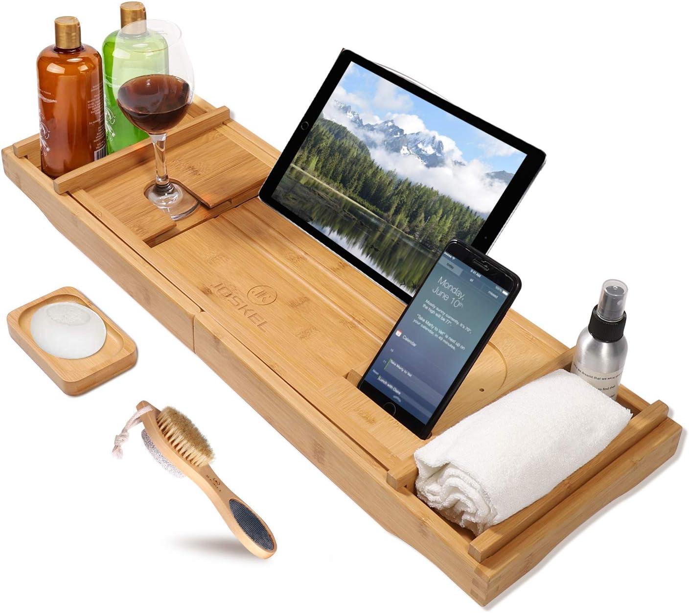 JOSKEL Wooden Bath Tray, Foot Brush and Soap Dish Bath Caddy Wood with