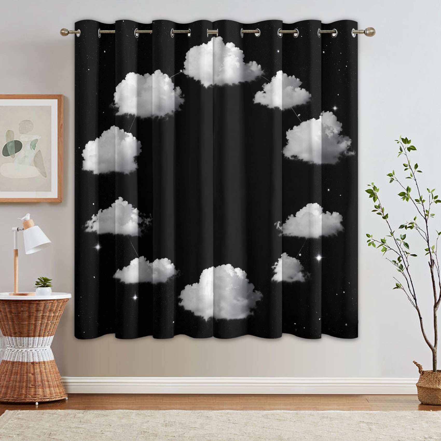 Rideau Occultant Nuages Étoiles, 140x240 (L x H) | Motif Ciel Nocturne Galaxie, Lot de 2 Rideaux Thermiques à Oeillets, Decoration Salon Chambre
