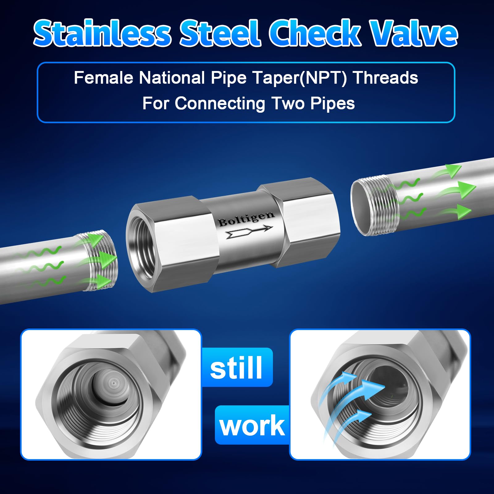 Boltigen Valvola di ritegno a molla NPT da 1/2 ", valvola di ritegno unidirezionale in acciaio inossidabile 304, Valvola di ritegno a fungo in linea per installazione orizzontale e verticale