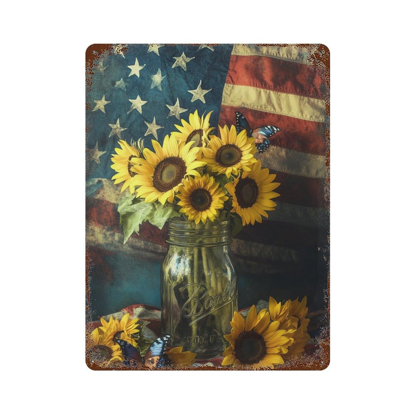 American Flag Sunflowers Bouquet 15.7"x11.8" Distressed Metal Wall Sign, Shabby Chic Decor for Shed, Workshop And Garage Wall Decor
