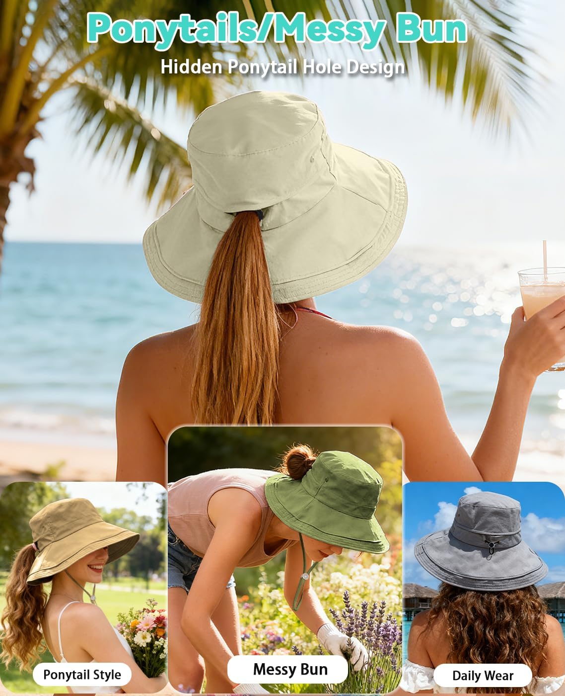 Rosoz Sun Hats for Women Wide Brim Ponytail Bucket Hat Sun Protection Beach Hat Quick-Dry Gardening Hat with Fold-Up Brim - Image 4