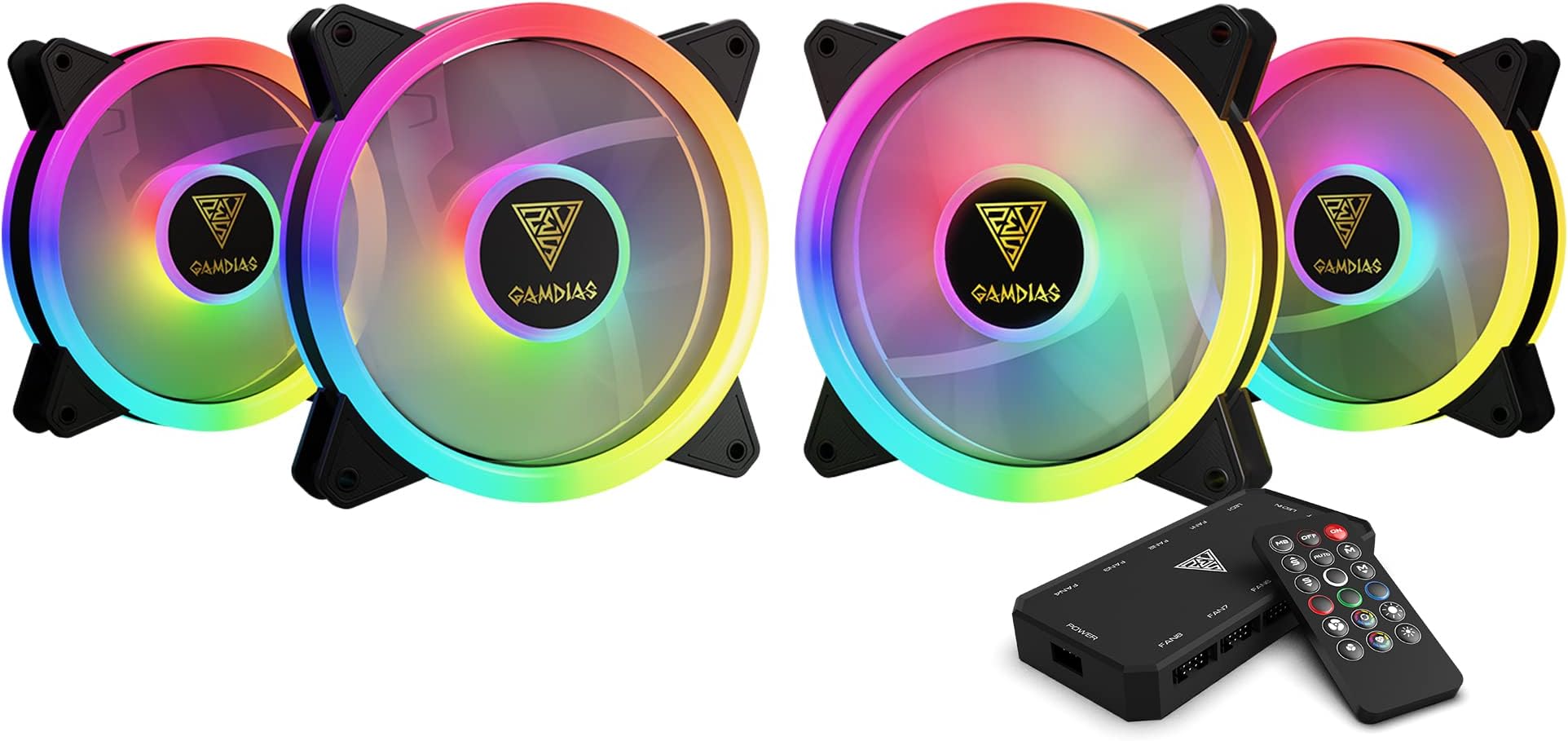 ZEUS GAMDIAS RGB Computer Case Cooling Fans 120mm 4 Pack, Four Silent Trio-Ring PC Fans, Addressable RGB Fan Hub Supports Up to 8 Fans & 2 Strips, Supports Motherboard Sync, Hydraulic Bearing Design