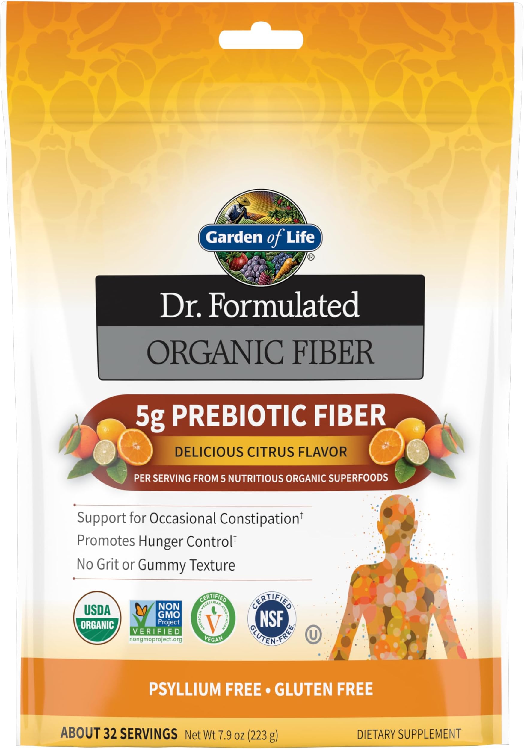 Dr. Formulated Organic Fiber Powder, Citrus Flavor, Prebiotic Superfood Fiber Supplement, Constipation Relief, Psyllium Free, 32 Servings