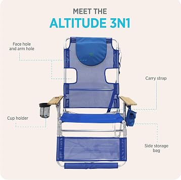 Ostrich The Altitude 3N1 Reclining Lounge Chair, Relaxing Beach Seat, Blue