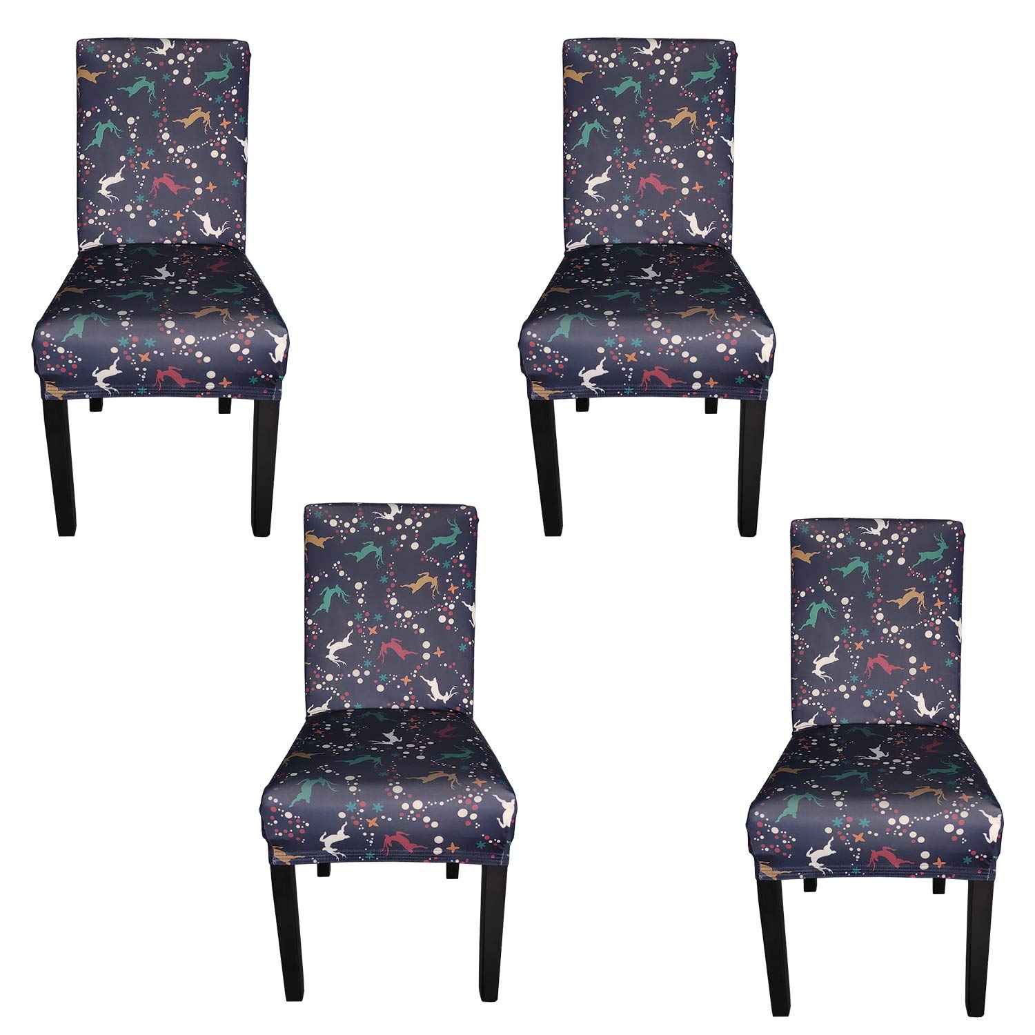 Trimming Shop Chair Covers Christmas Dining Chair Protector, Stretch Removable Washable Spandex Slipcovers for Kitchen, Banquet Chairs, Ceremony, Hotel, Reindeer Printed, Navy Blue, 4pcs