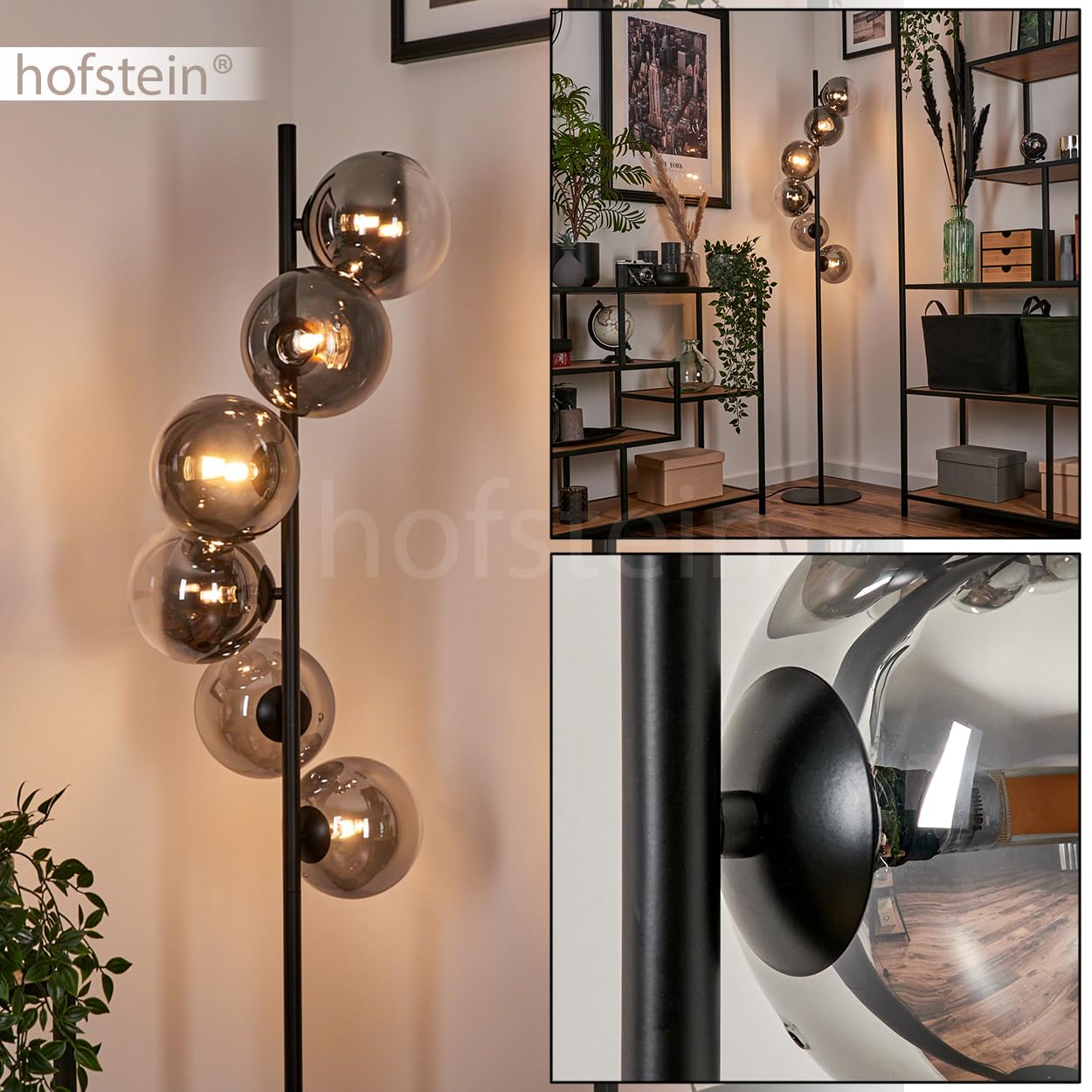 Lampada a stelo Remaisnil Lampada da terra in metallo/vetro nero/fumo/trasparente, paralume in vetro (Ø 15 cm), interruttore a pedale, 160 cm, 6 x G9
