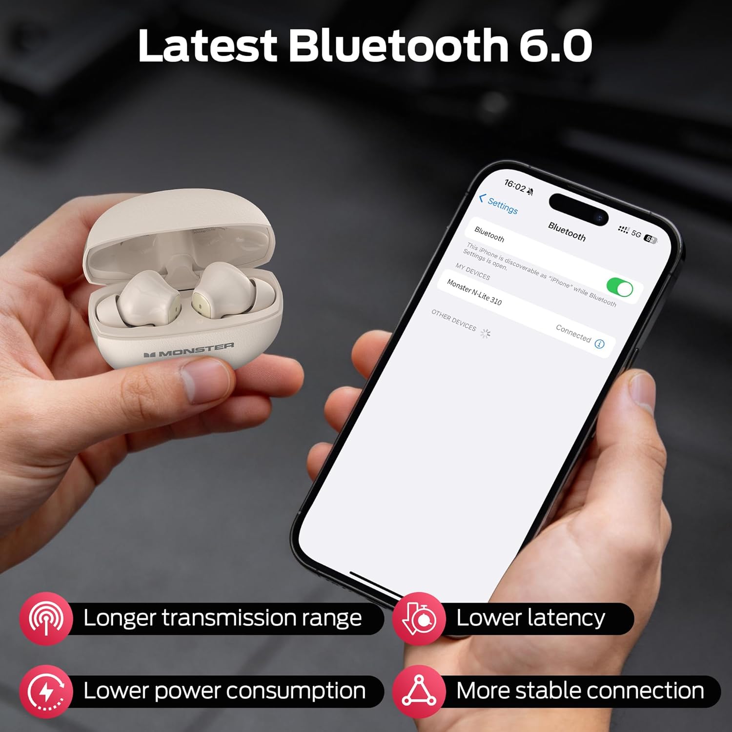 Monster N-Lite 310 True Wireless Earbuds, Bluetooth 6.0 Headphones Deep Bass, Earbuds with ENC Noise Cancelling Mic for Clear Calls, 32H Playback, Bluetooth Earbuds for Laptop/Phones/Sports, White