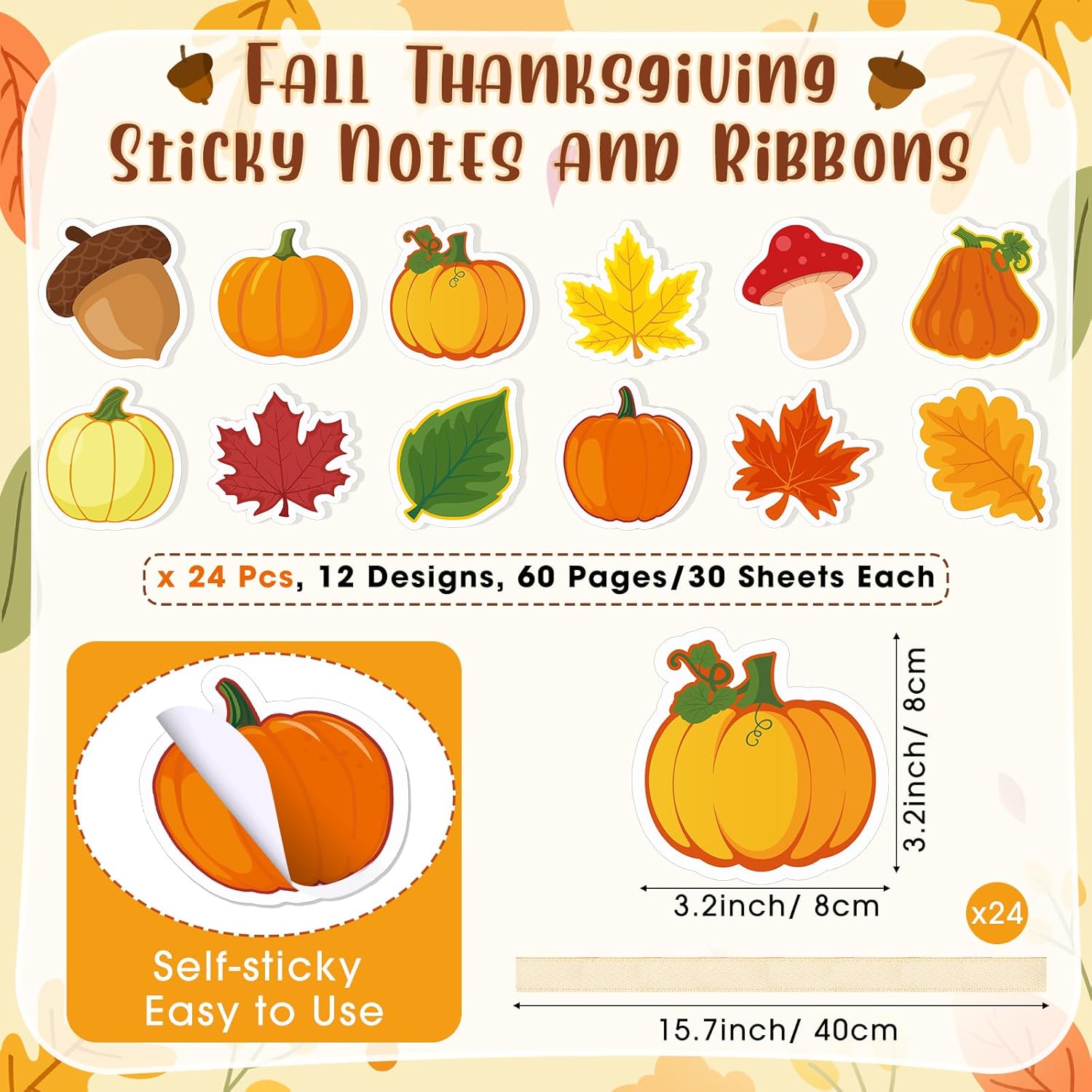 96 Pcs Thanksgiving Sticky Notes and Pens Set, 48 Thanksgiving Notepads 48 Fall Ballpoint Pens - Pumpkin Maple Leaf Acorn Note Pads for Coworkers Gifts School Classroom Office Supplies(Cute)