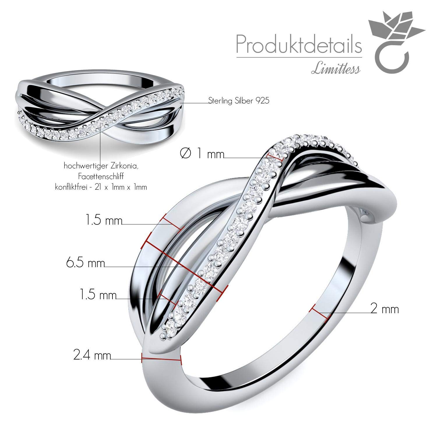 Verlobungsring Infinity Ring Silber 925 von Amoonic mit 21 Zirkonia Steinen